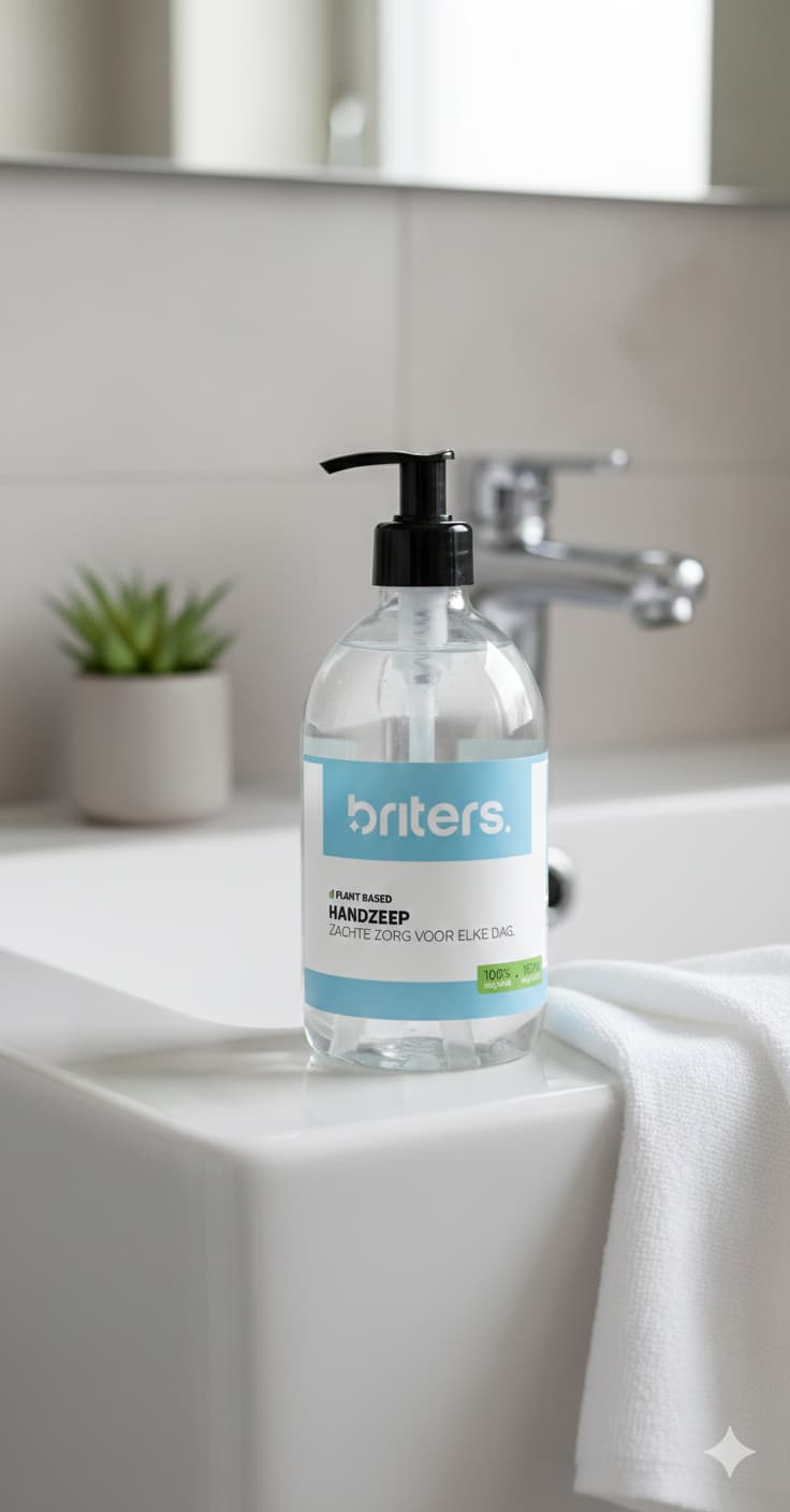 Briters plantaardige handzeep op de rand van een moderne wastafel