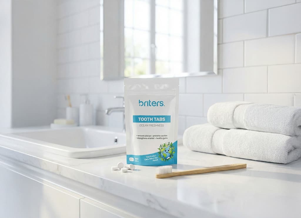 Briters Tooth Tabs Ocean Freshness zakje op een marmeren badkamertafel naast een bamboe tandenborstel