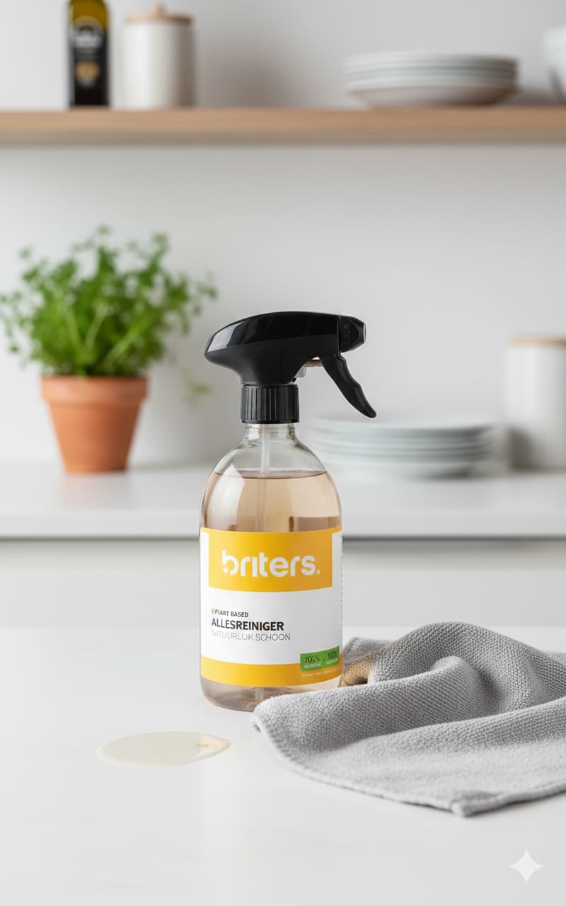 Briters Allesreiniger plantaardige spray op aanrechtblad naast kruidenplant en zachtgrijze doek