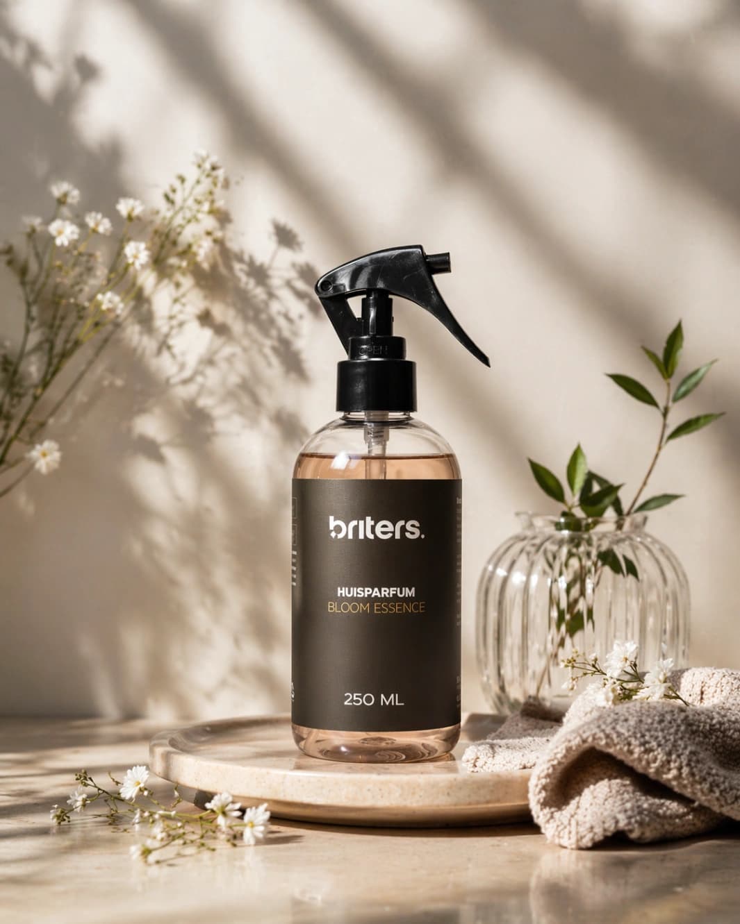 Briters Home Fragrance Bloom Essence naast een orchidee en opgerolde handdoeken op een marmeren badkamerplank